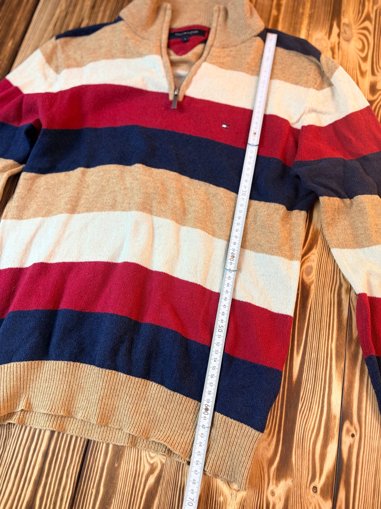 Original Tommy Hilfiger Half Zip Strickpullover Beige/Bordeaux – Größe S – Classic Premium