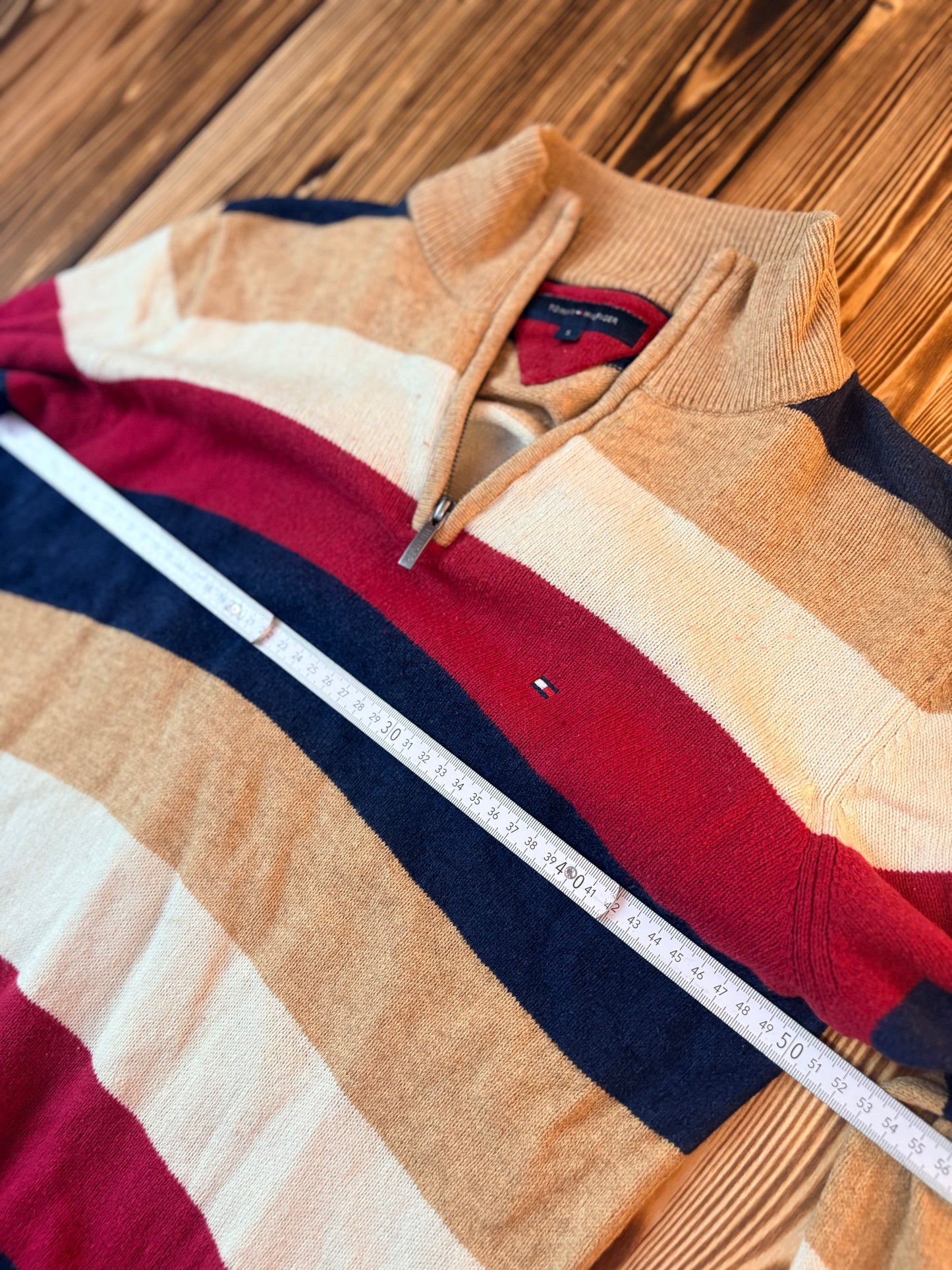Original Tommy Hilfiger Half Zip Strickpullover Beige/Bordeaux – Größe S – Classic Premium