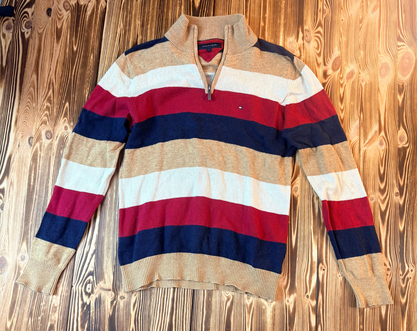 Original Tommy Hilfiger Half Zip Strickpullover Beige/Bordeaux – Größe S – Classic Premium