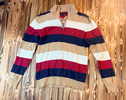 Original Tommy Hilfiger Half Zip Strickpullover Beige/Bordeaux – Größe S – Classic Premium