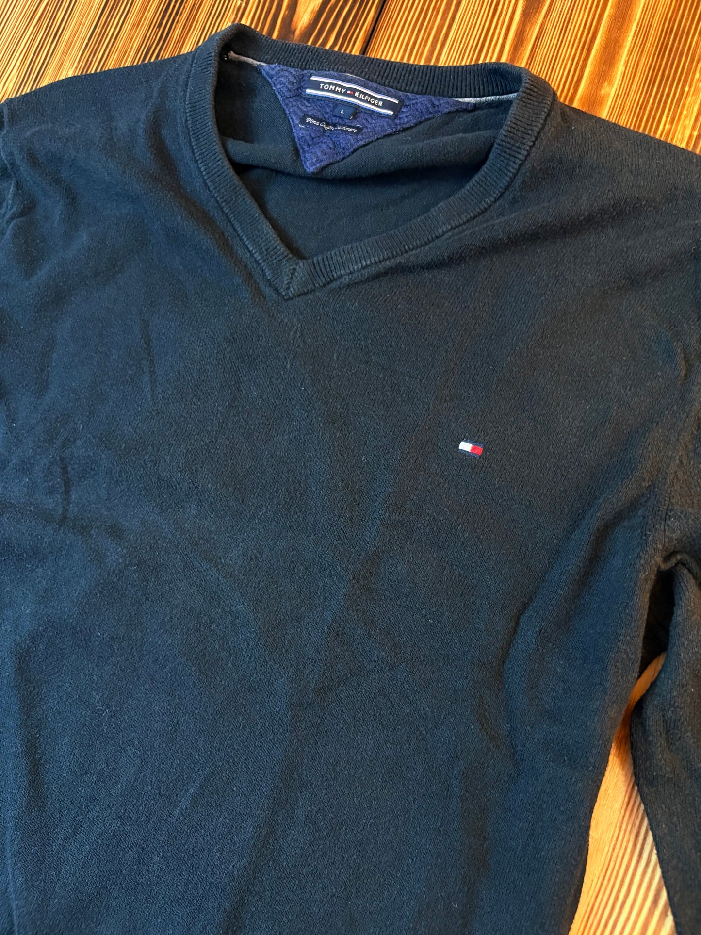Original Tommy Hilfiger V-Neck Strickpullover Schwarz – Größe L – Classic Premium