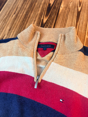 Original Tommy Hilfiger Half Zip Strickpullover Beige/Bordeaux – Größe S – Classic Premium