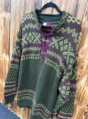 Vintage Tommy Hilfiger Strickpullover – Grün/Lila, L/G
